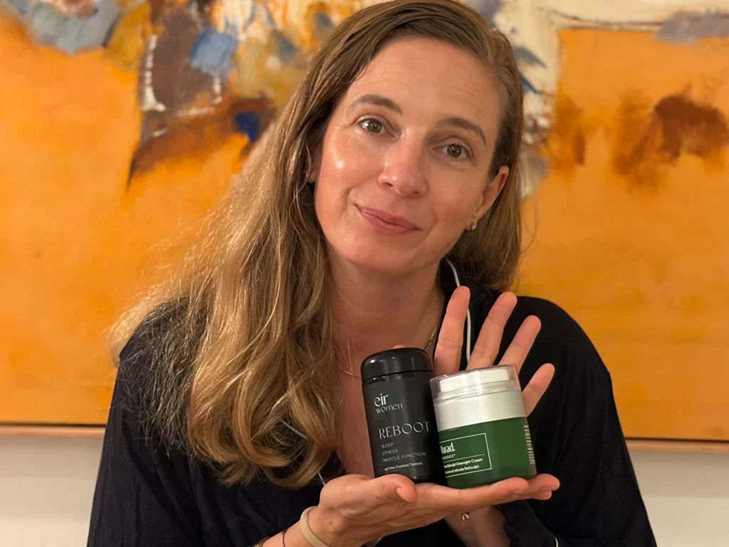 Pia Wahrendorf, Head of Marketing Murad Australia, holding Eir Women Reboot and Murad Retinal ReSculpt Overnight Cream