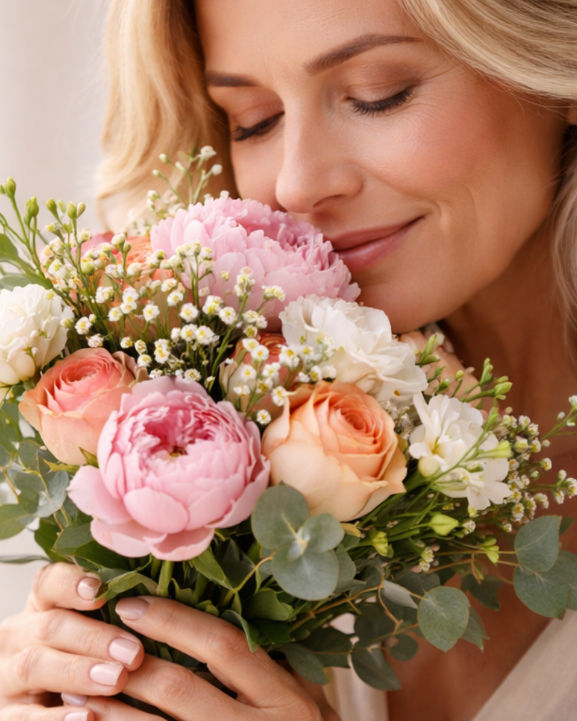 Woman in 40s with a bouquet of flowers