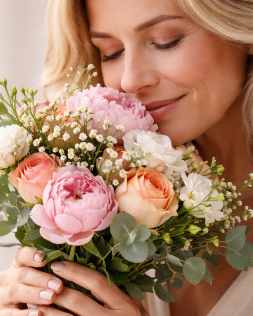 Woman in 40s with a bouquet of flowers