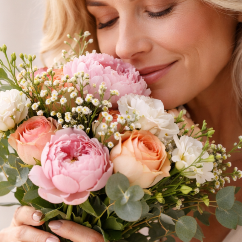 Woman in 40s with a bouquet of flowers