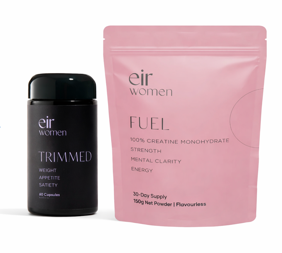 Eir Women products labeled 'Trimmed' and pink package labeled 'Fuel' by eir women on a white background