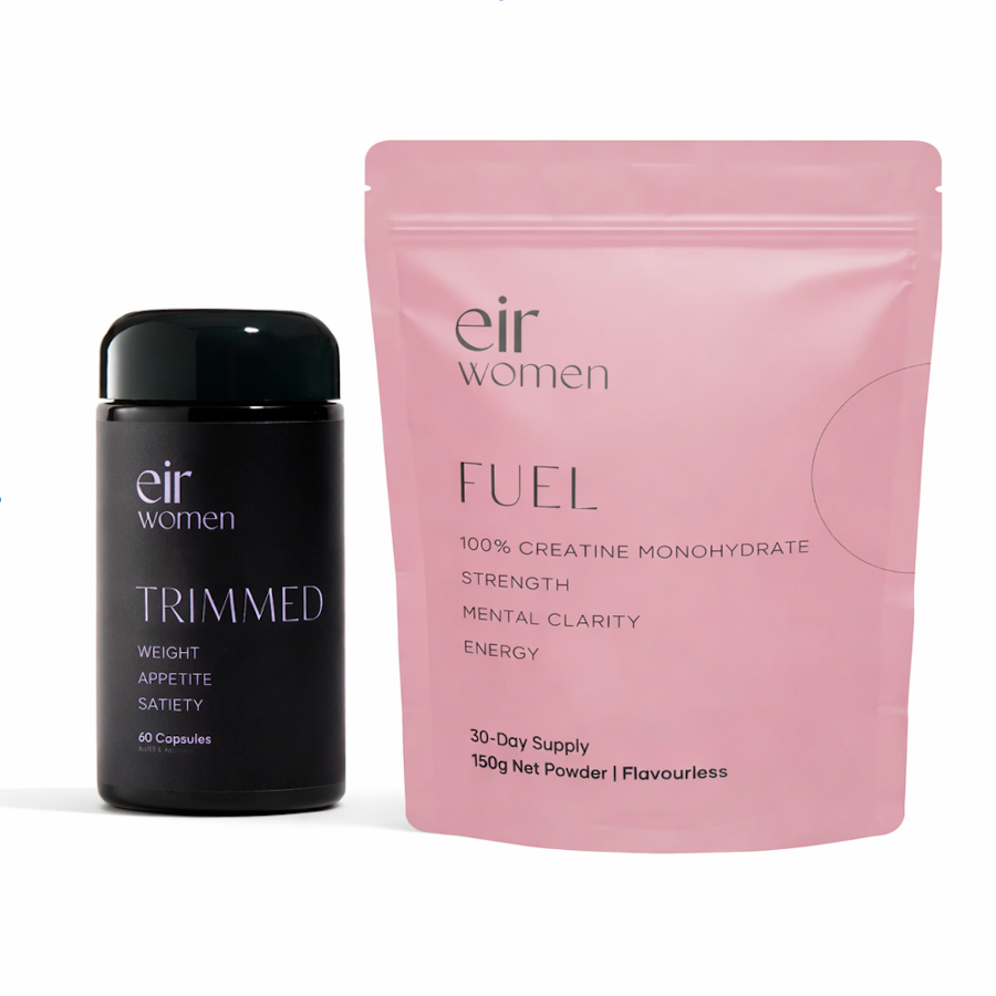 Eir Women products labeled 'Trimmed' and pink package labeled 'Fuel' by eir women on a white background