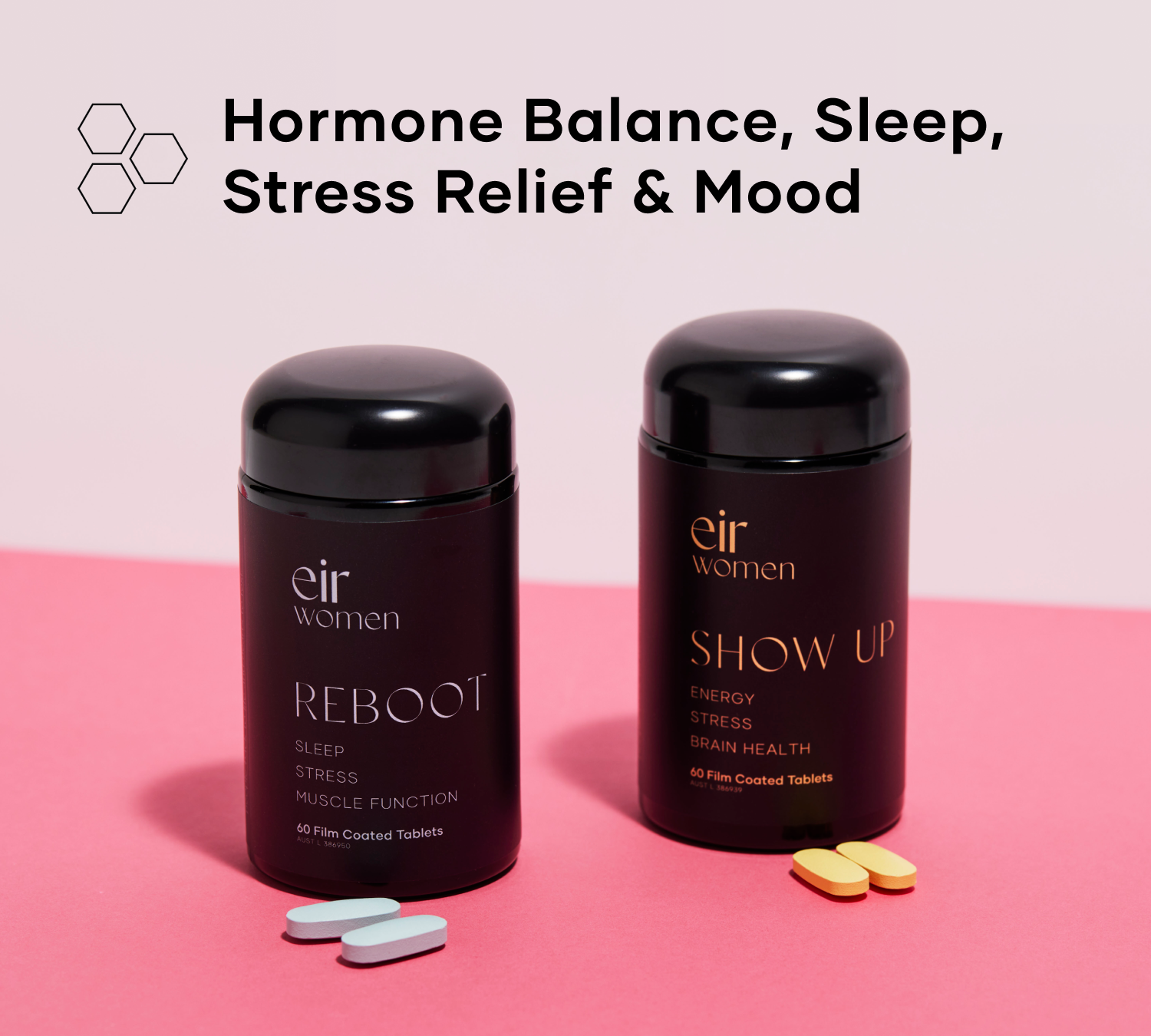 Peri-Essentials - Show Up and Reboot Eir Supplements with pink background