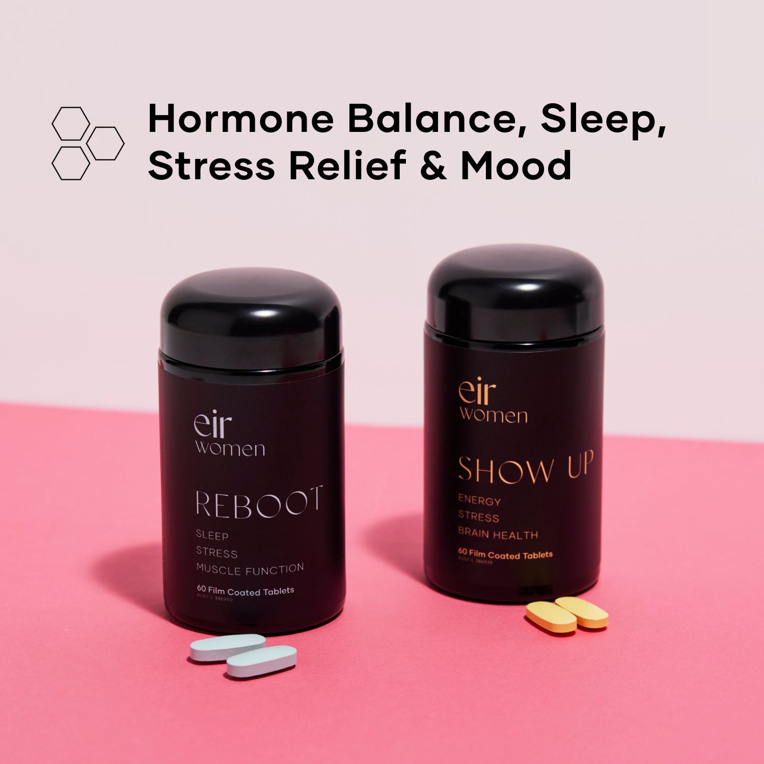 Peri-Essentials - Show Up and Reboot Eir Supplements with pink background