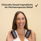 Happy woman holding bottles Show Up and Reboot - Peri-Essentials 