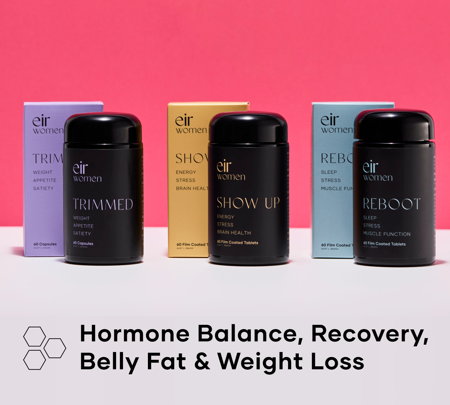 Transformation Trio - Reboot - Trimmed - Show Up - Eir Women - Supplements - Perimenopause Relief - with pink background