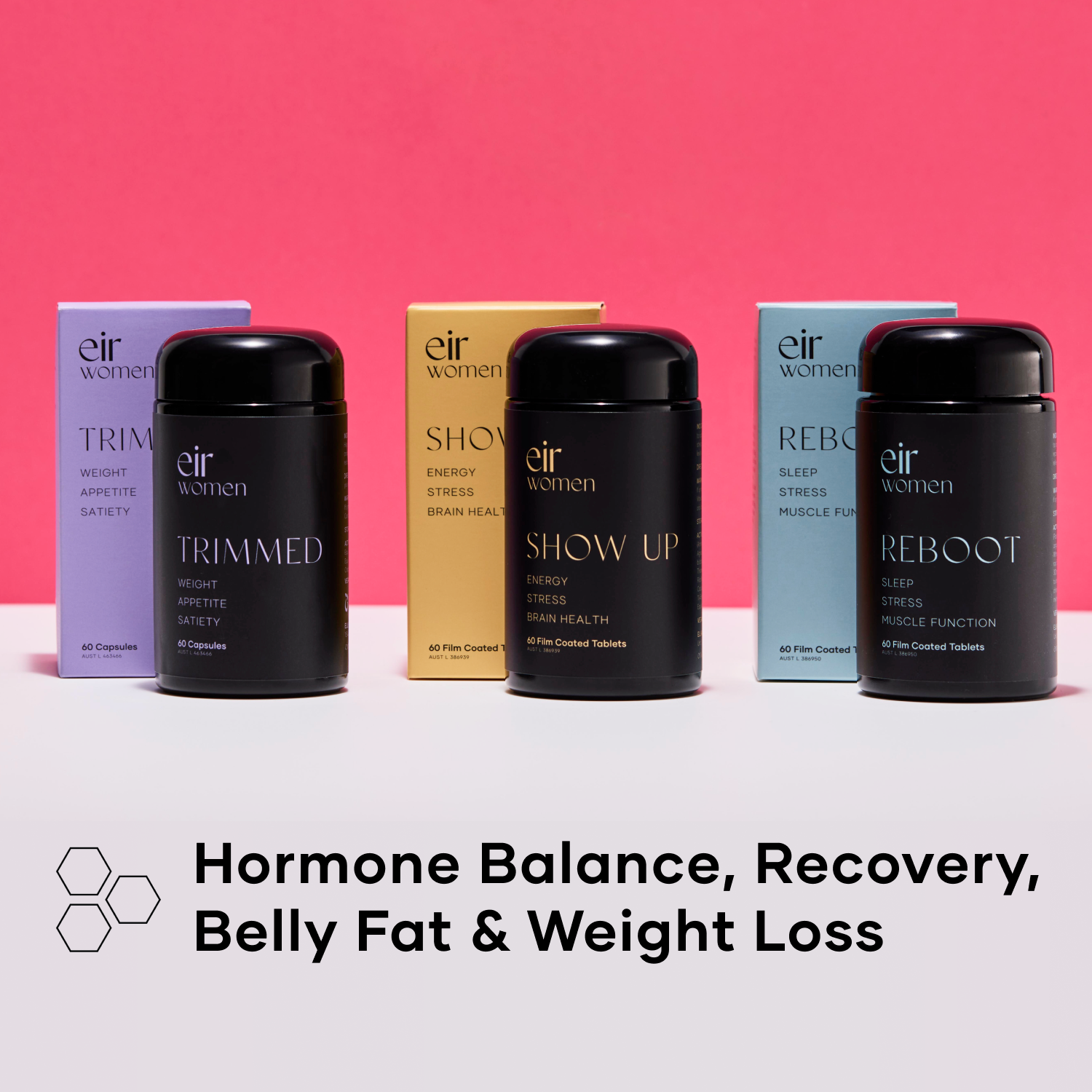 Transformation Trio - Reboot - Trimmed - Show Up - Eir Women - Supplements - Perimenopause Relief - with pink background