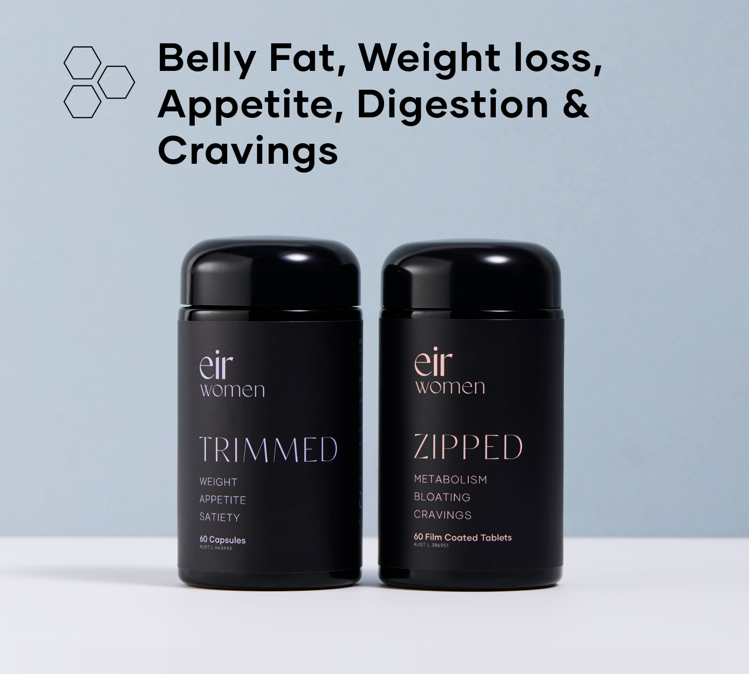 Trimmed - Zipped - Eir Supplements - Weight loss - blue background