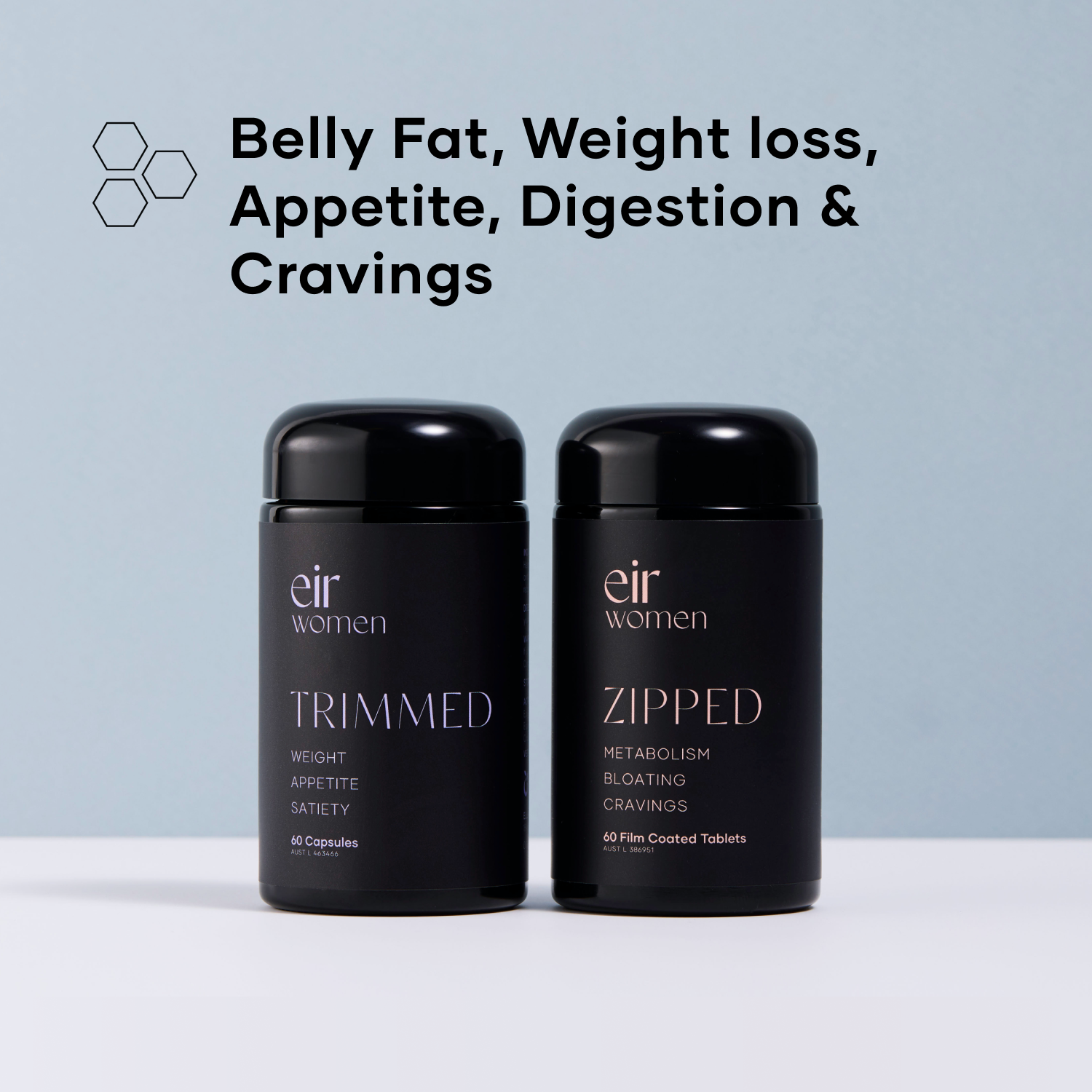 Trimmed - Zipped - Eir Supplements - Weight loss - blue background