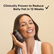 Woman holding a bottle of Trimmed Eir Supplement that is Clinically proven to reduce belly fat in 12 weeks