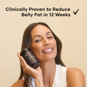 Woman holding a bottle of Trimmed Eir Supplement - Clinically proven to reduce belly fat in 12 weeks