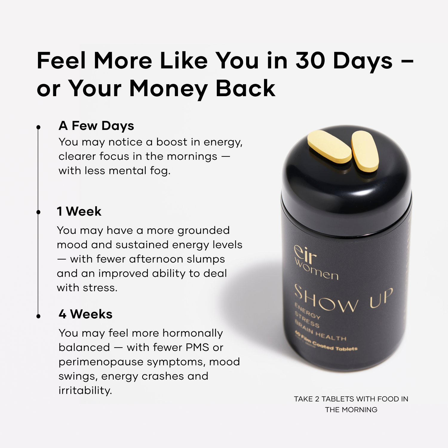 Glass black bottle of Show Up - Feel more like you in 30 days or your money back