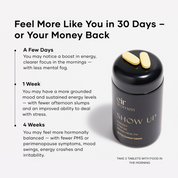 Glass black bottle of Show Up - Feel more like you in 30 days or your money back