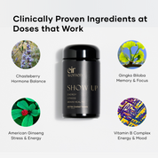 Glass black bottle of Show Up Eir Supplement - clinically proven ingredients at doses that work