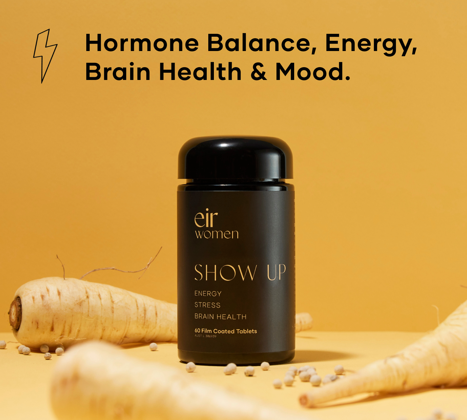 Black glass Show Up Bottle with American Ginseng, Eir supplement for hormone balance, energy, brain health, and mood