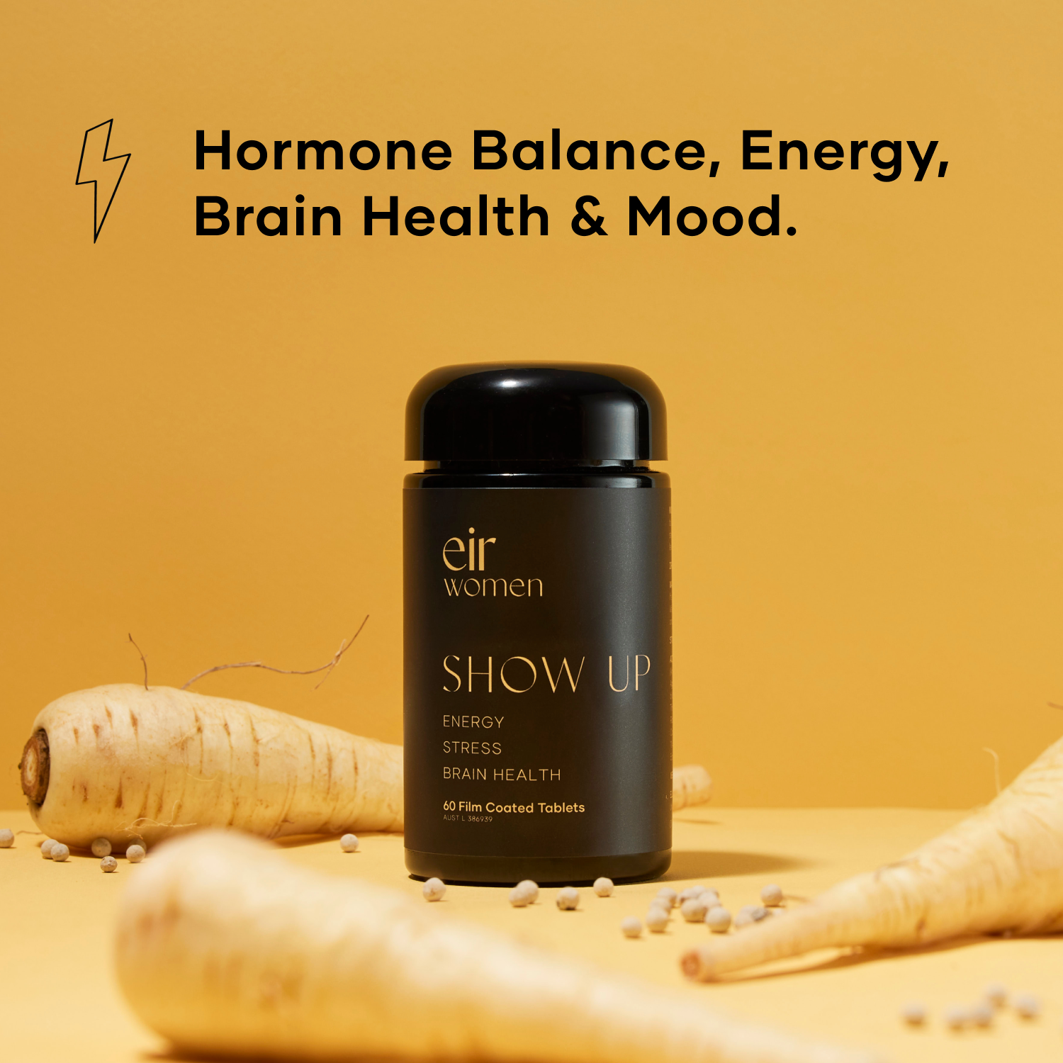Black glass Show Up Bottle with American Ginseng, Eir supplement for hormone balance, energy, brain health, and mood
