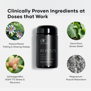 Black bottle of Reboot Eir Supplement with ingredients Passionflower, Kava Kava, Ashwagandha, Magnesium