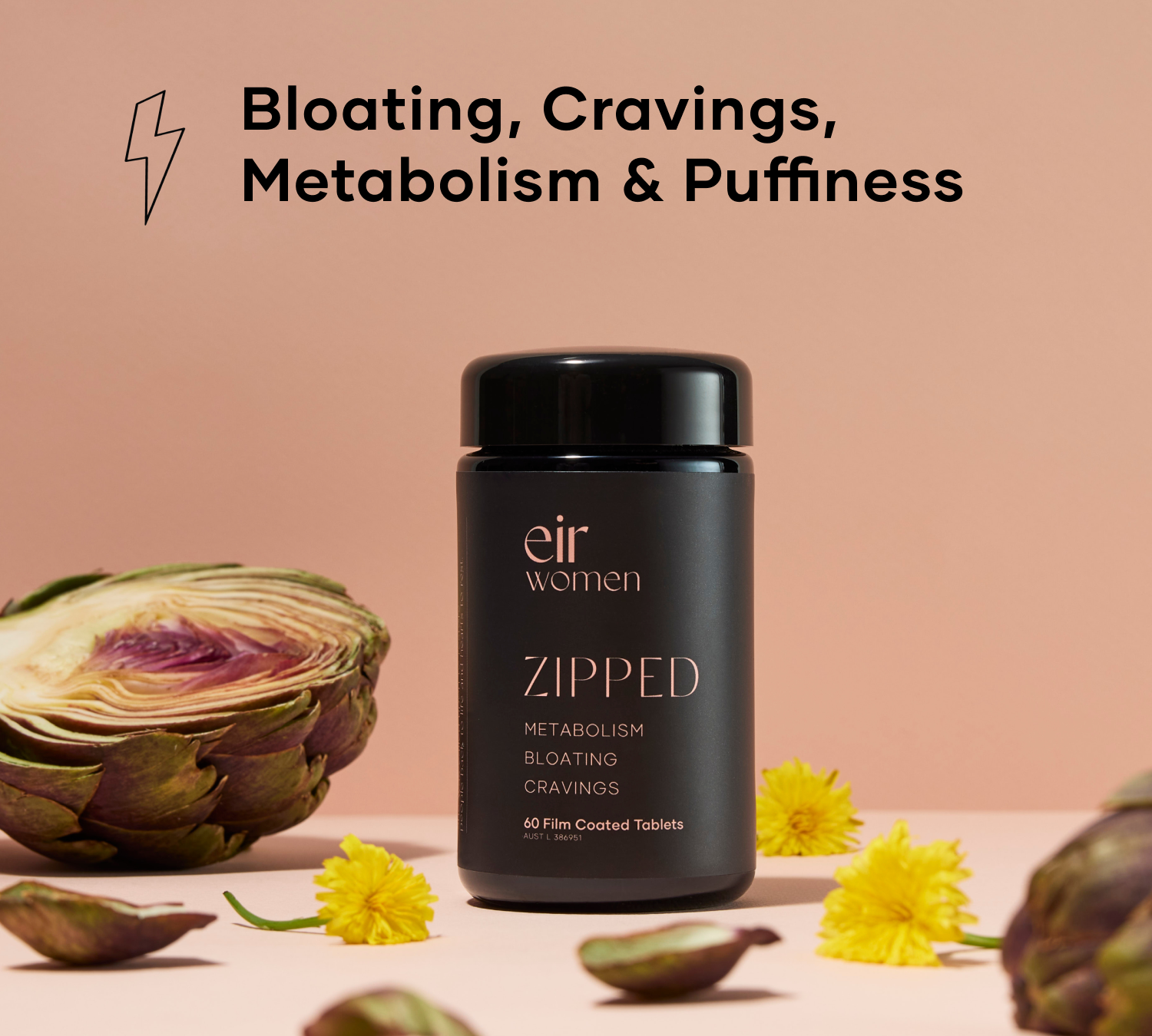 Black glass bottle of Zipped Eir Supplement for bloating, cravings, metabolism, and puffiness