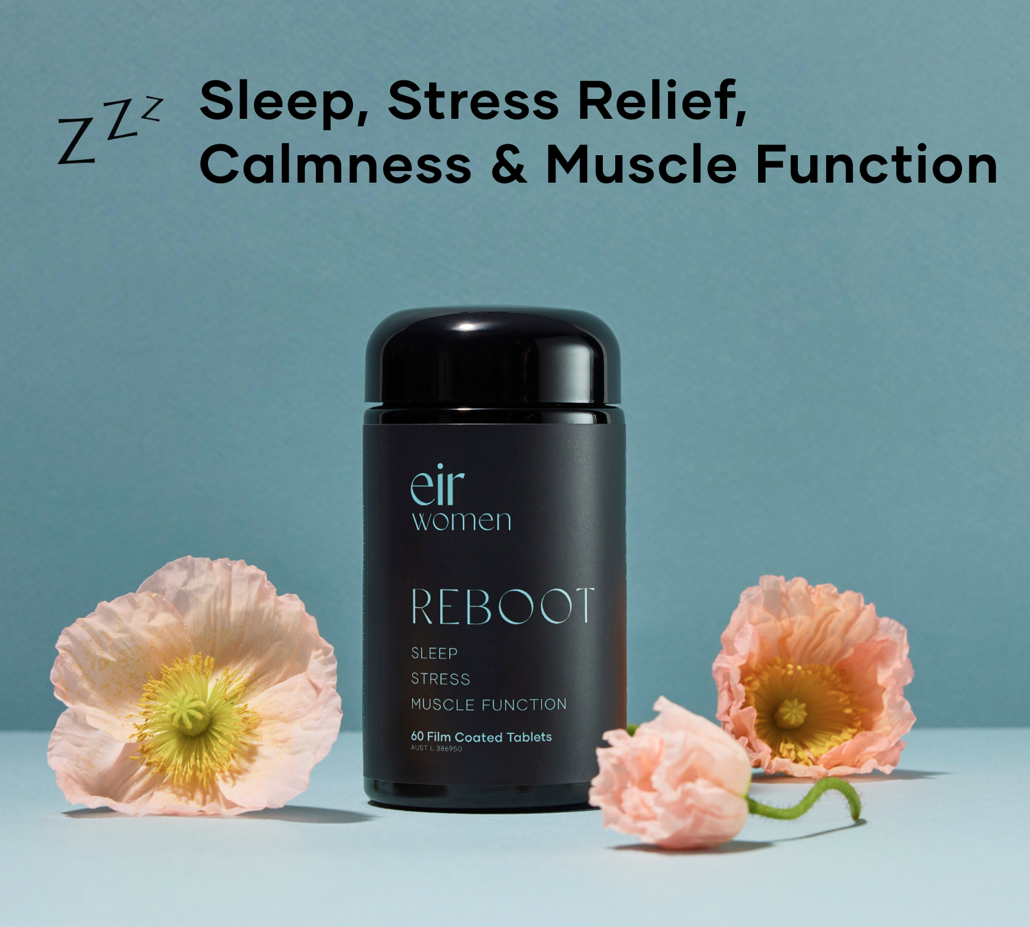 Black bottle of Reboot Eir Supplement for sleep, stress relief, calmness, and muscle function, against a blue background
