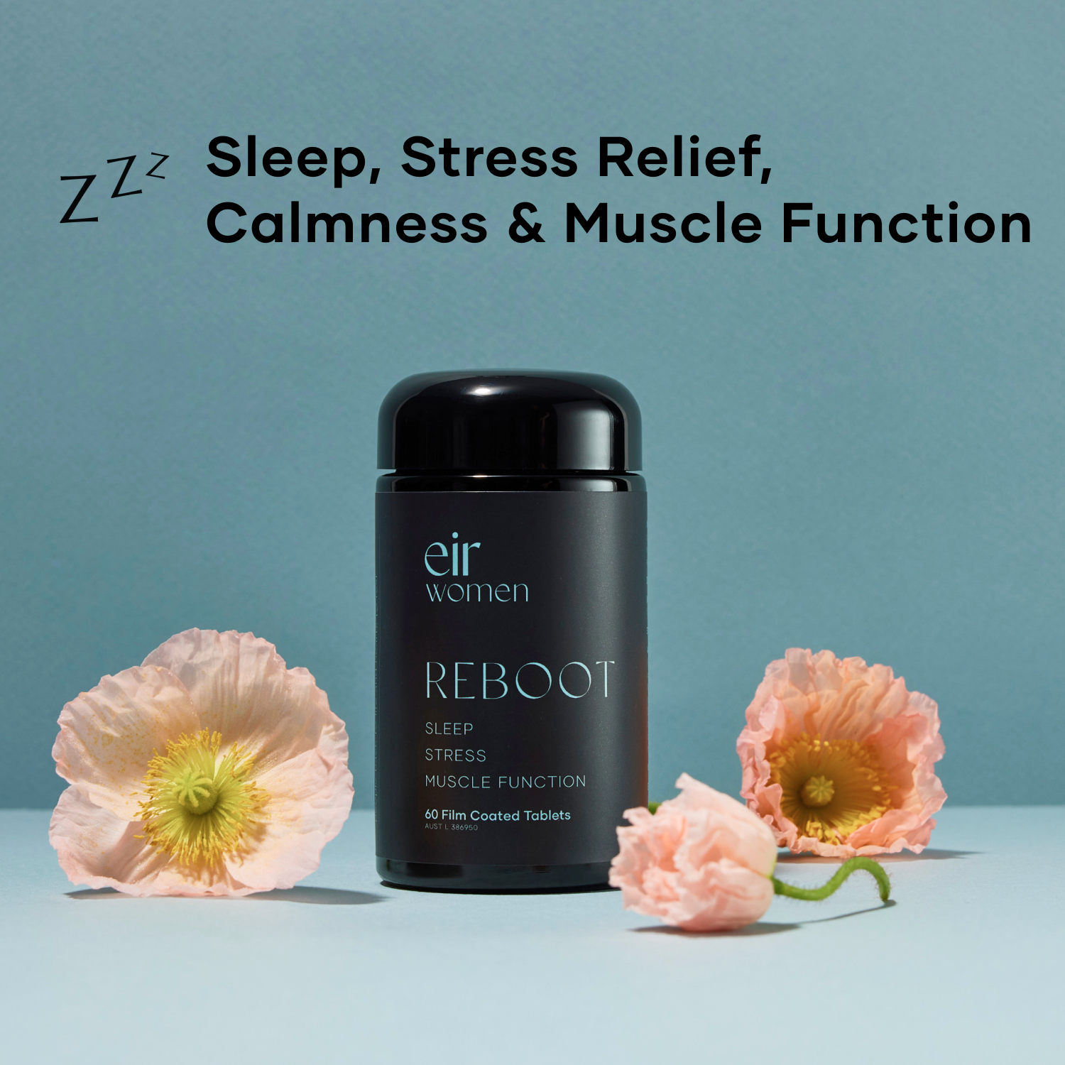 Black bottle of Reboot Eir Supplement for sleep, stress relief, calmness, and muscle function, against a blue background
