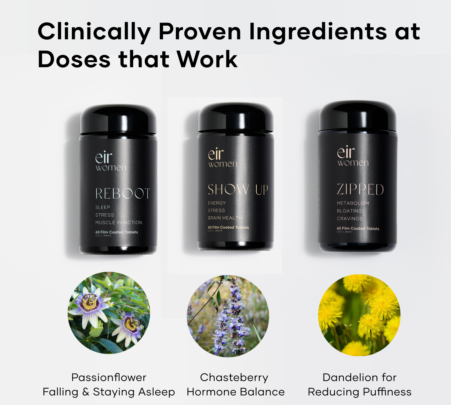 Black bottle of Reboot Eir Supplement with blue print, black bottle of Show Up Eir Supplement with yellow print, Black bottle of Zipped Eir Supplement with Passionflower, chasteberry and Dandelion
