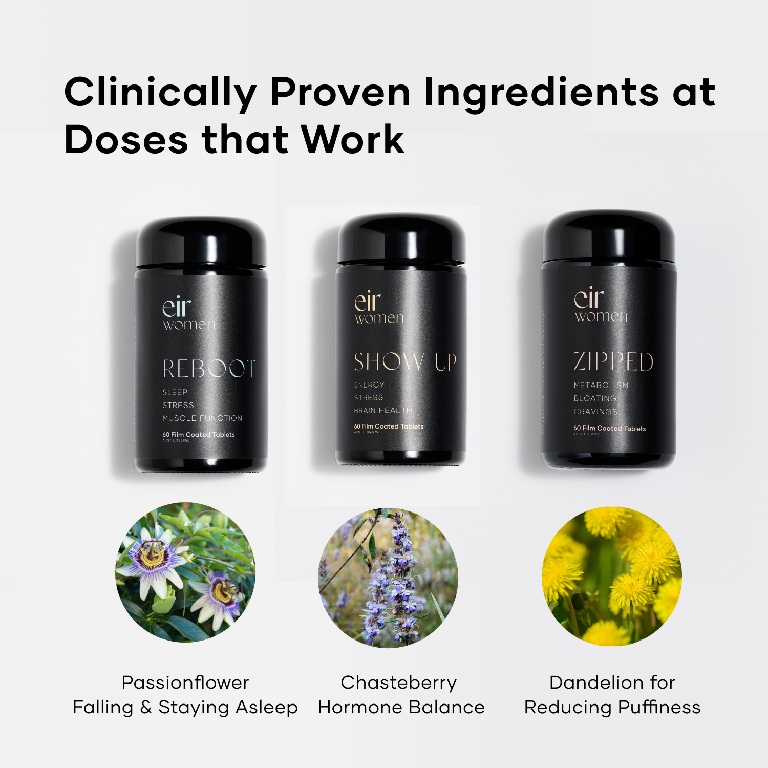 Black bottle of Reboot Eir Supplement with blue print, black bottle of Show Up Eir Supplement with yellow print, Black bottle of Zipped Eir Supplement with Passionflower, chasteberry and Dandelion