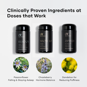 Triple Threat bottles with key ingredients Passionflower, Chasteberry and Dandelion