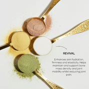 Four gold spoons with different colored powders from Revival, Flourish and Sparkle