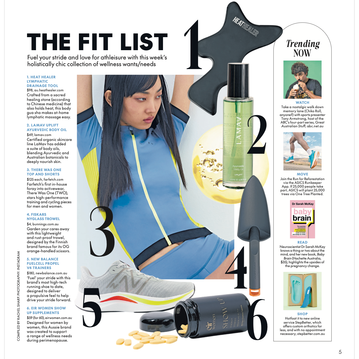 Magazine page with fitness and wellness products and a person exercising.